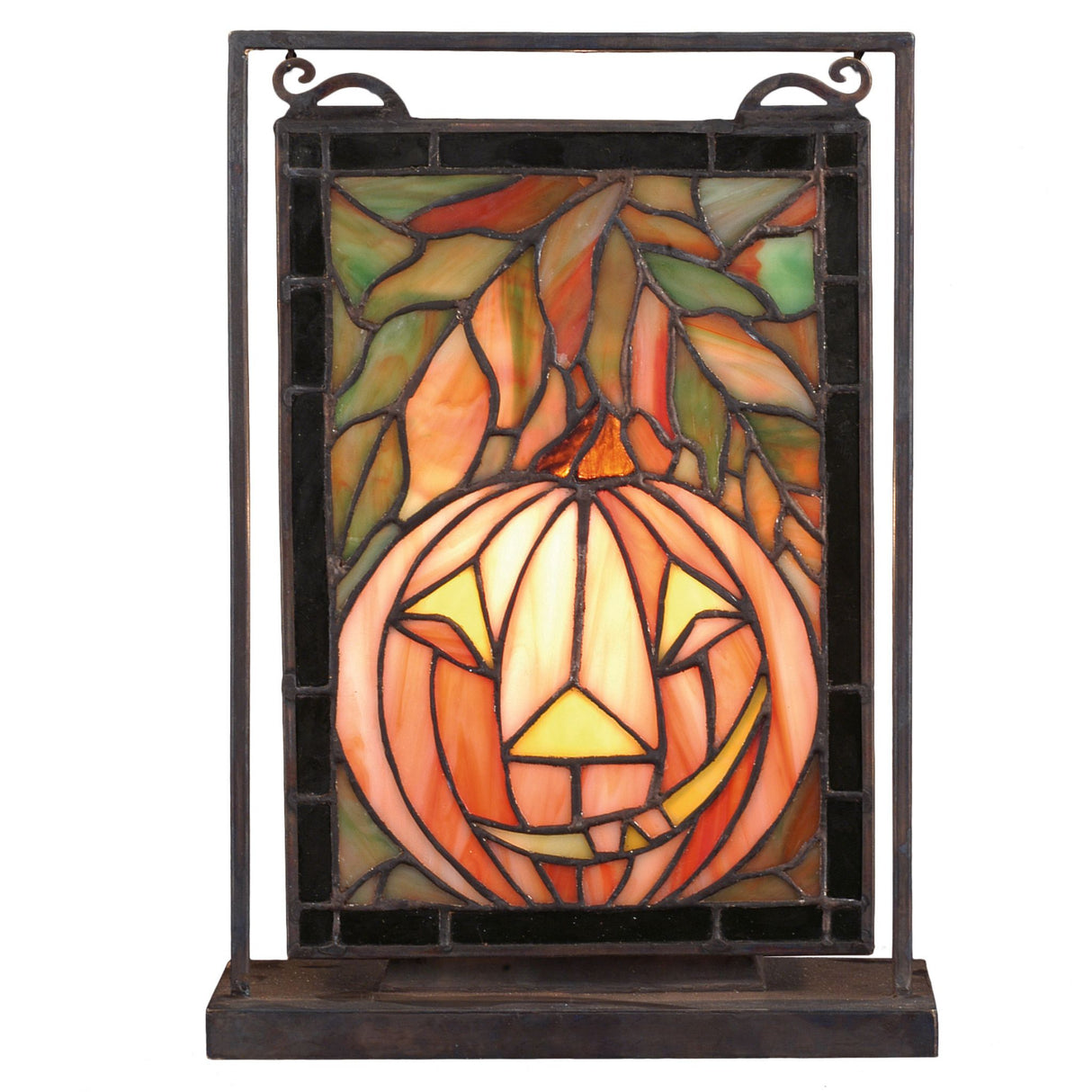 Jack O'Lantern lighted tabletop window with autumn leaves and pumpkin design.