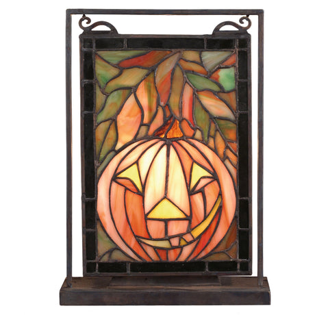 Jack O'Lantern lighted tabletop window with autumn leaves and pumpkin design.