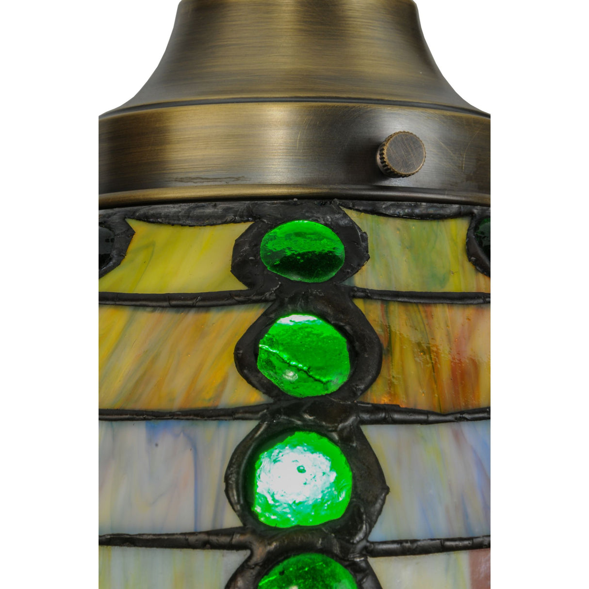 Detailed close-up of emerald glass jewels on the Jeweled Beehive Mini Pendant.