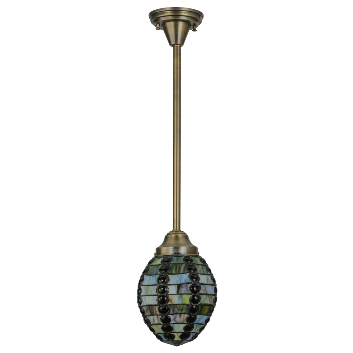 Side profile of the mini pendant highlighting earthy blues and amber glass details.