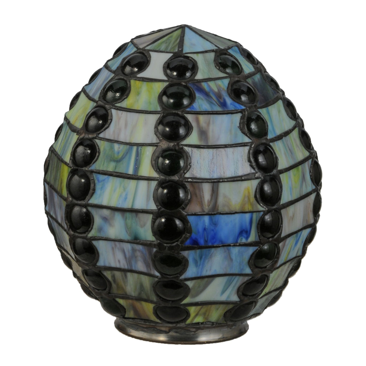 Unlit view of the jeweled beehive shade showcasing intricate emerald jewel accents and earthy glass.