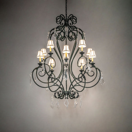 Josephine chandelier casting warm ambient light with fabric shades and crystals.