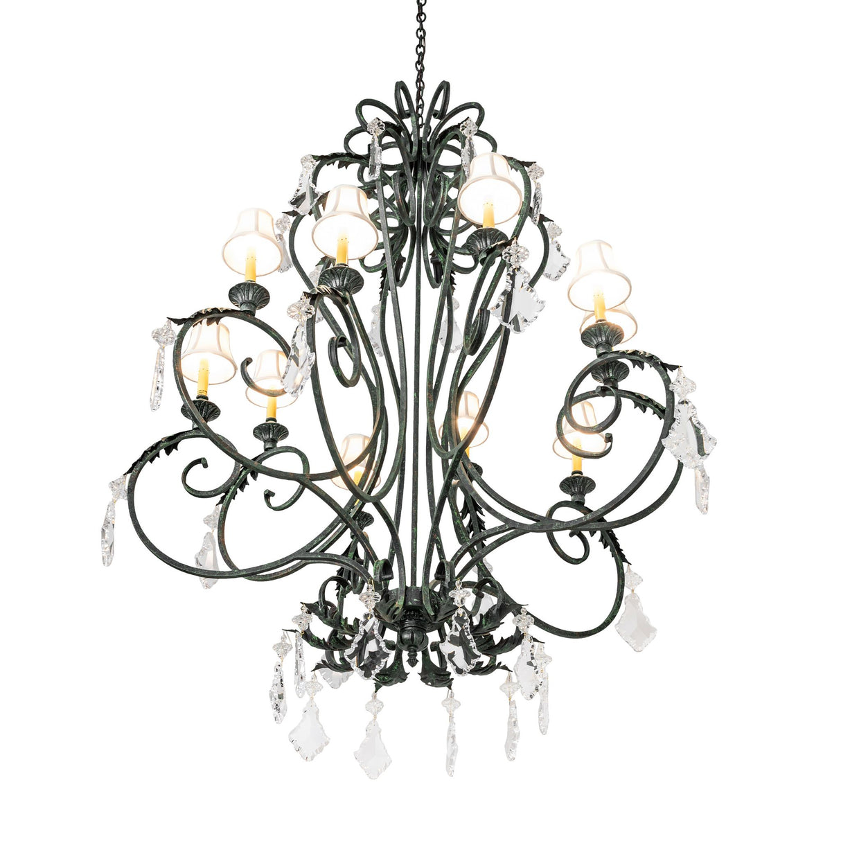 Bottom angle view of Josephine chandelier with crystal pendalogues.