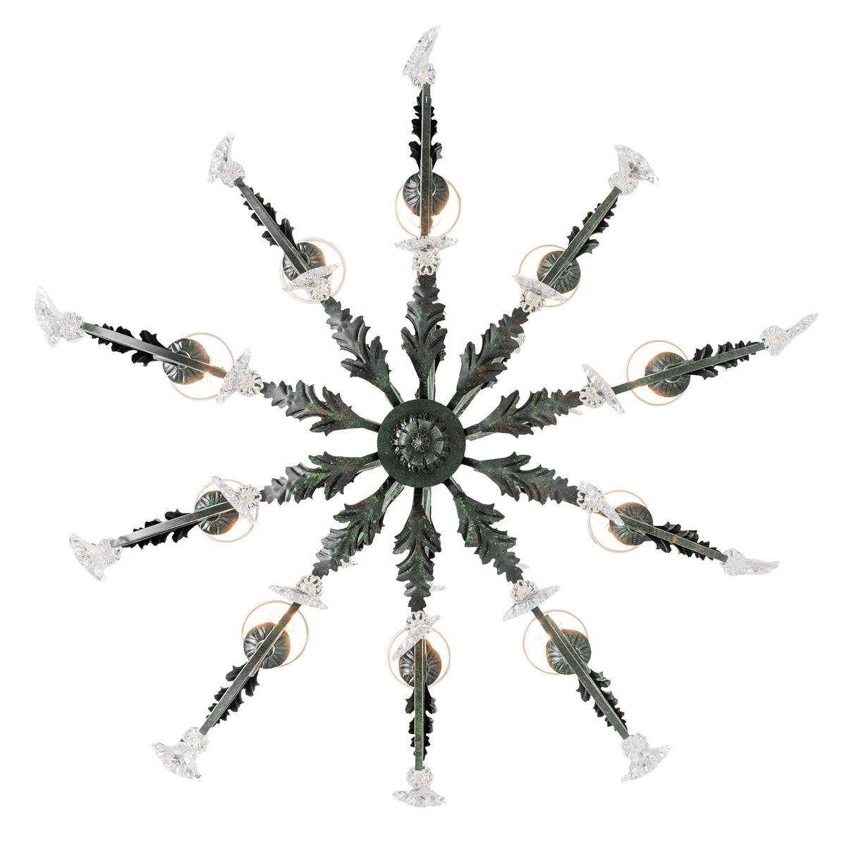 Bottom view of Josephine chandelier showing crystal detailing and metal scrollwork.
