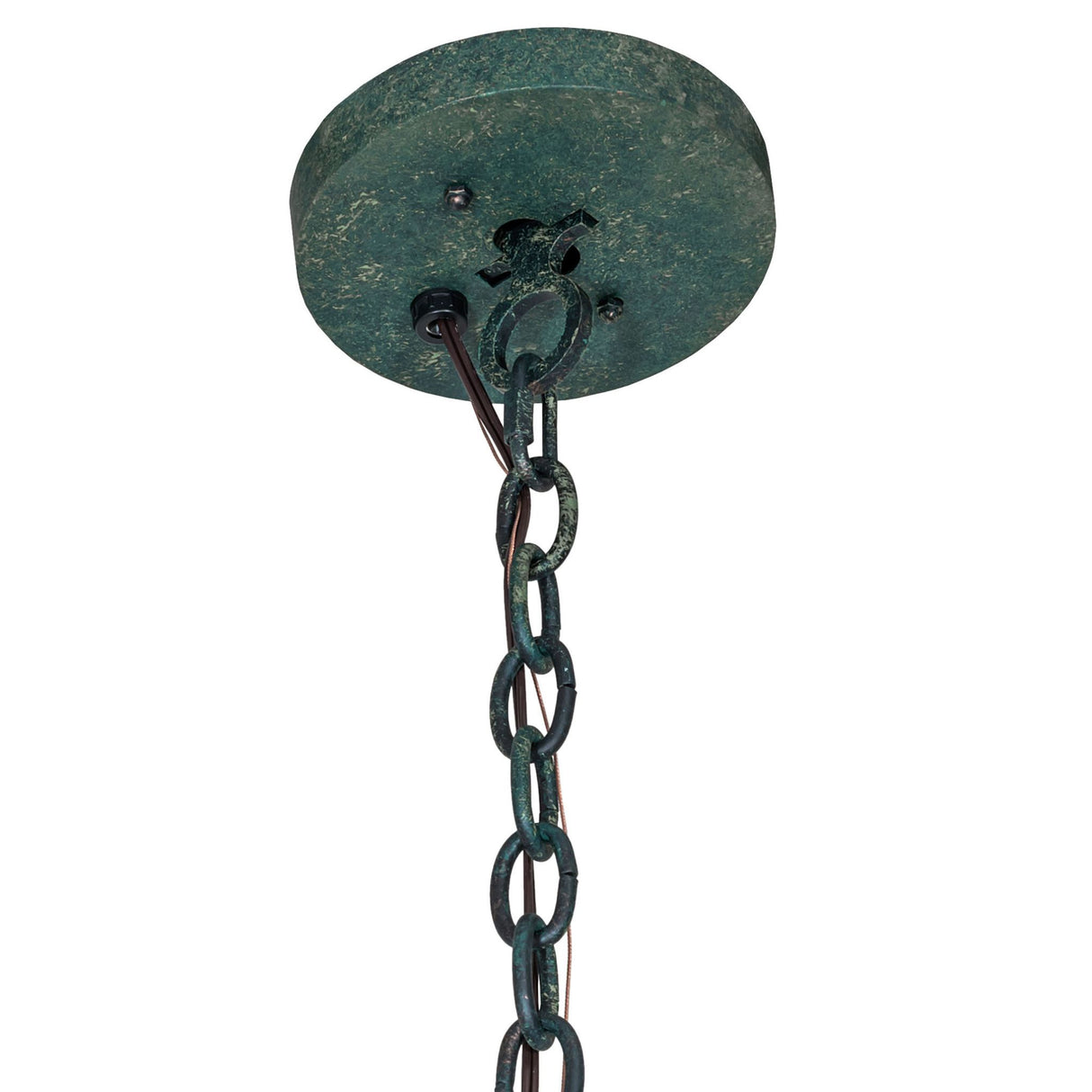 Chain and ceiling canopy detail of chandelier in Golden Verde finish.