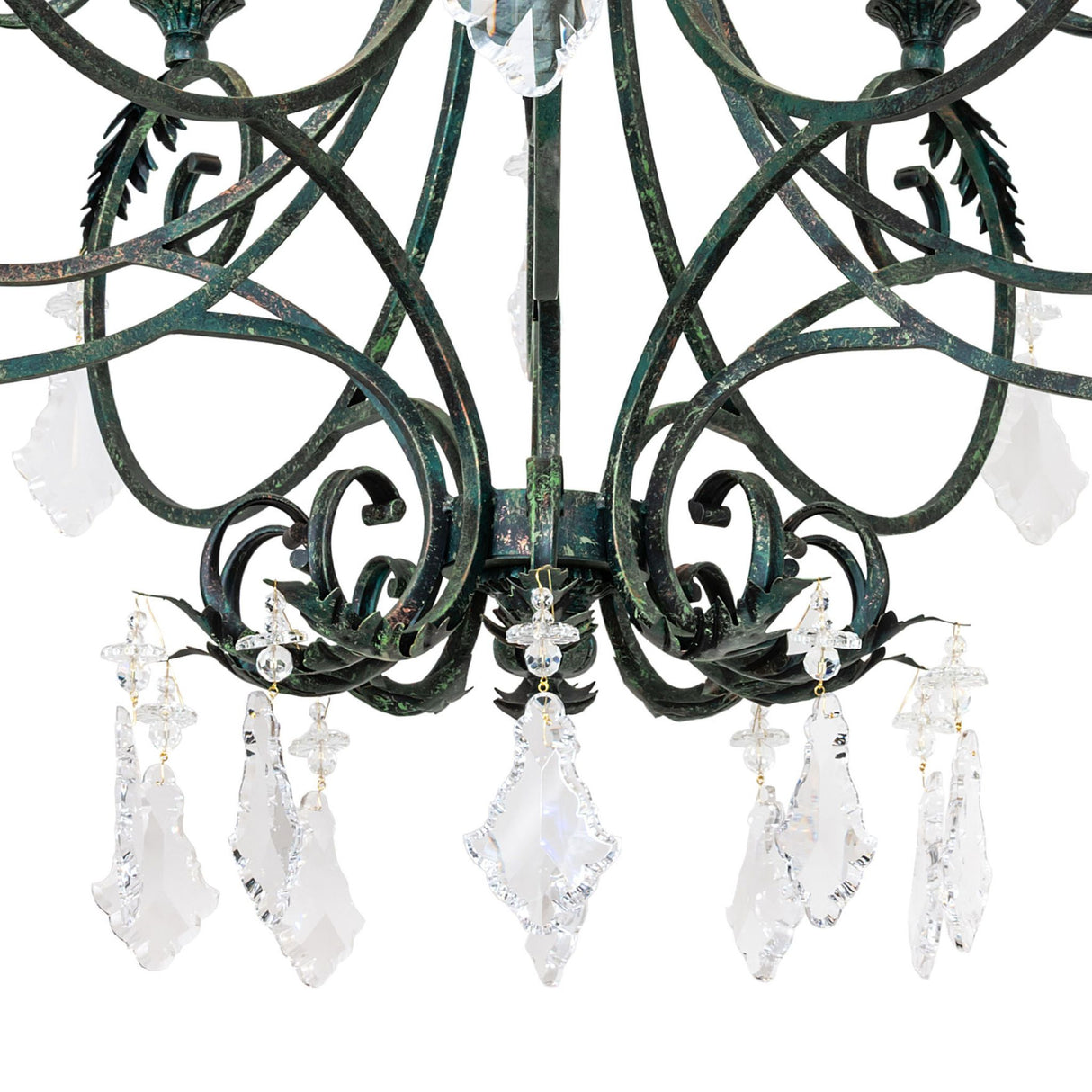 Closeup of crystal pendalogues detail on chandelier with Golden Verde finish.