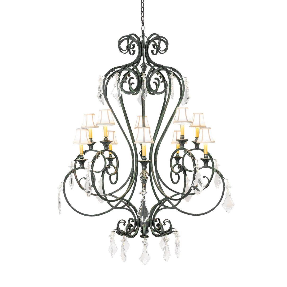 Side view of Josephine chandelier highlighting layered arms and fabric shades.