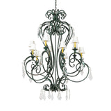 Unlit view of 10-light chandelier showcasing scrolled metalwork and crystals.