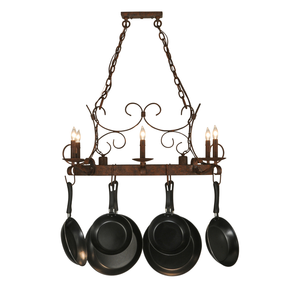 Hanging oval pot rack light fixture for kitchen island.