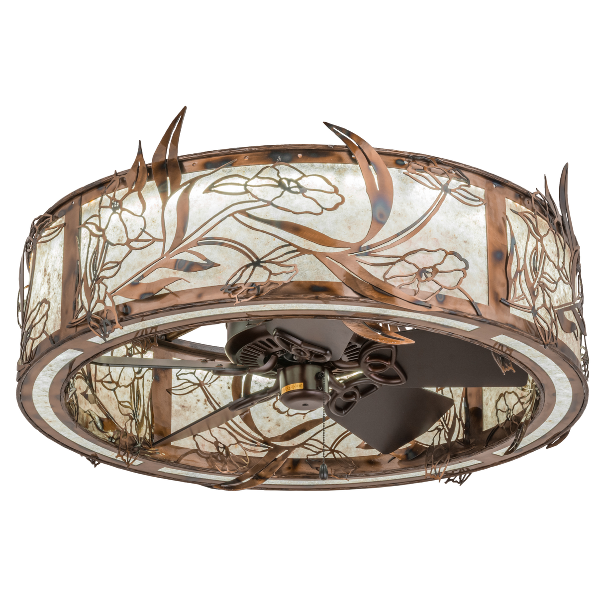 Angled bottom view revealing fan blades beneath illuminated frame.