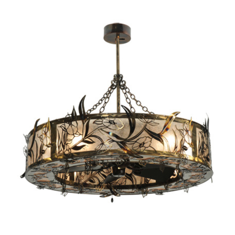 Angled front view highlighting silver mica shade and brass accents.