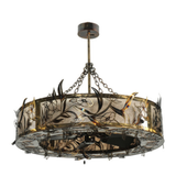 Slight angle view showing layered floral metalwork and fan interior.