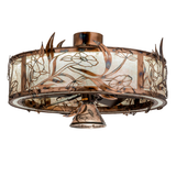 Front angle lit view of Lady Slipper Chandel-Air with brass floral accents.