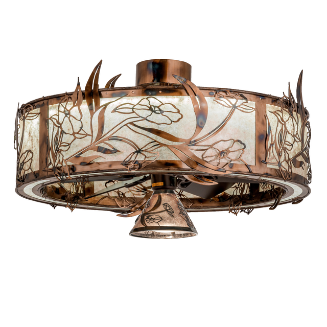 Front angle lit view of Lady Slipper Chandel-Air with brass floral accents.