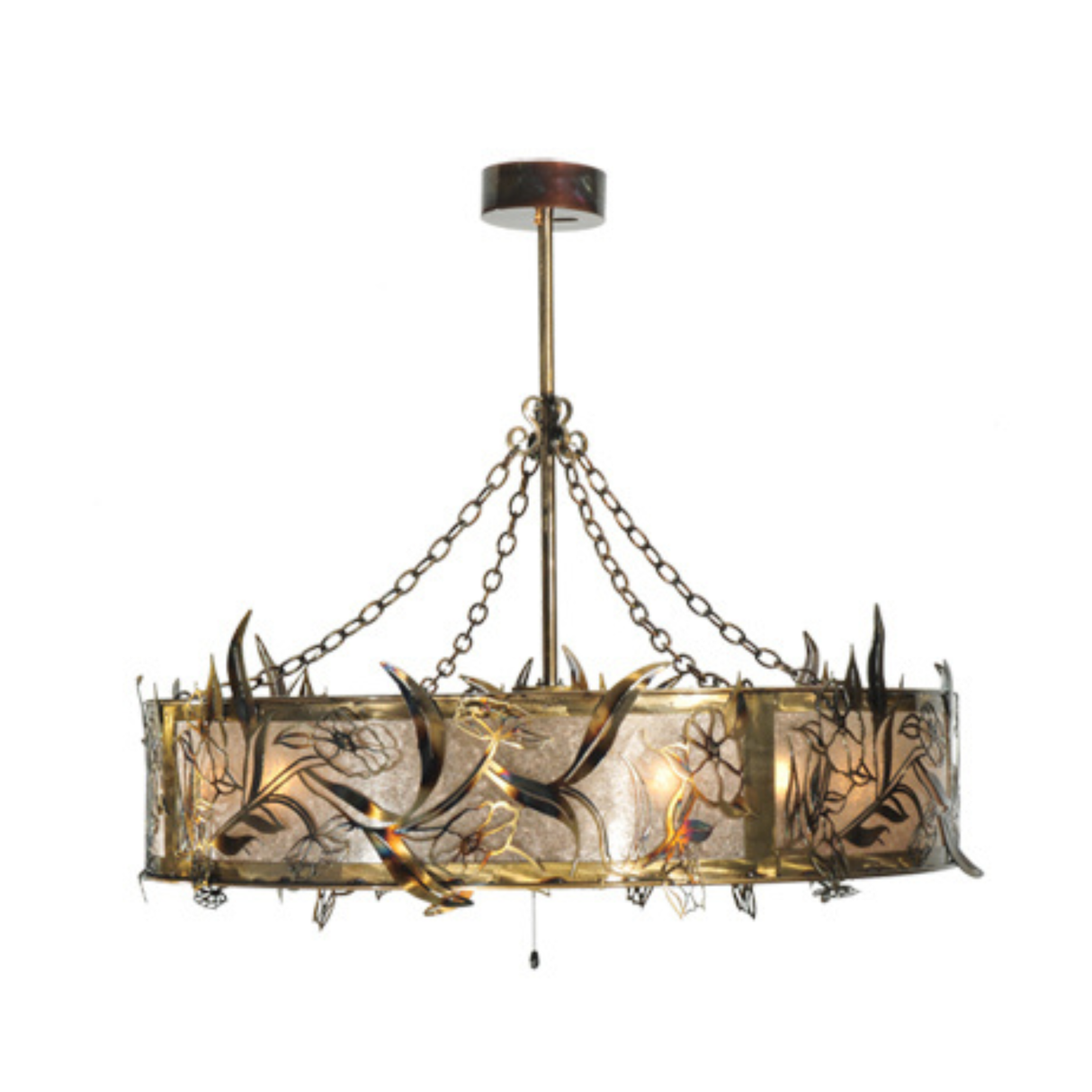 Side view showing chain suspension and mica diffuser glow.