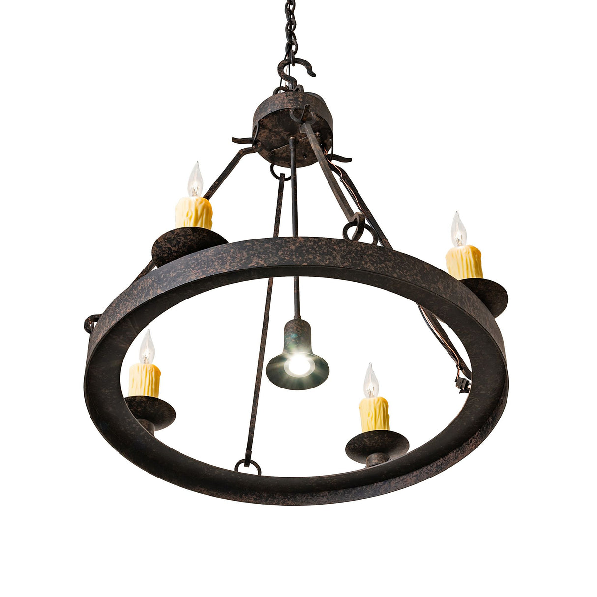 Alternate angle view of chandelier showing candle lights, chain suspension, and circular frame.