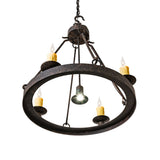 Alternate angle view of chandelier showing candle lights, chain suspension, and circular frame.