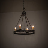 Lakeshore 4 light chandelier with ambient room lighting, rustic coffee bean metal frame.