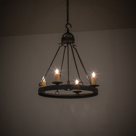 Lakeshore 4 light chandelier with ambient room lighting, rustic coffee bean metal frame.