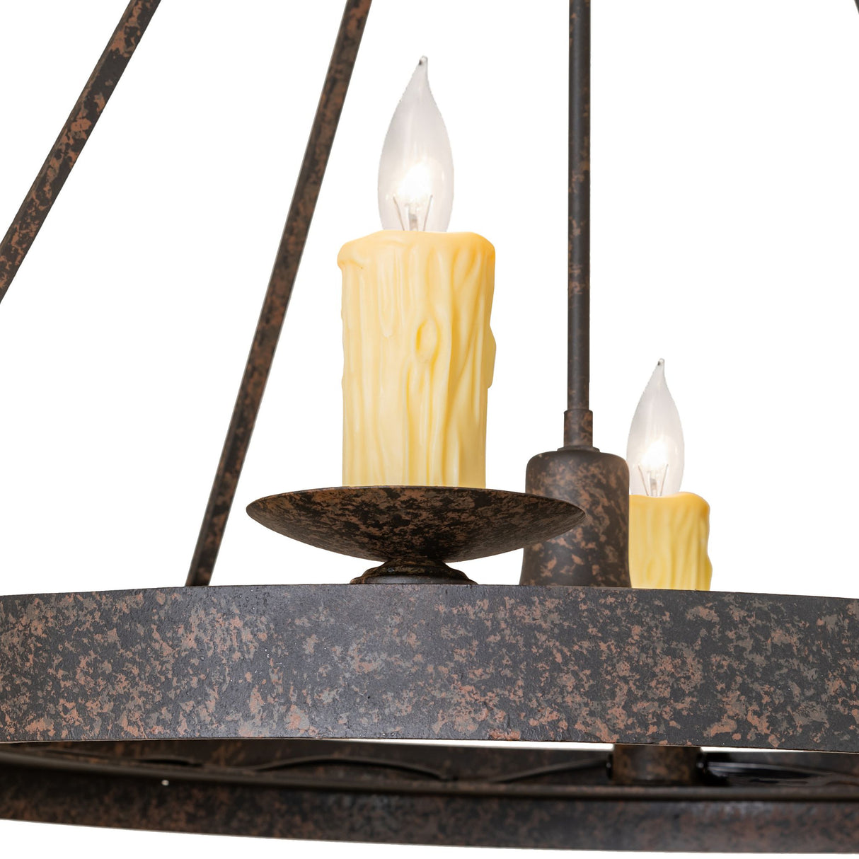 Close-up detail of candle-style light, textured coffee bean finish, and metal plate.
