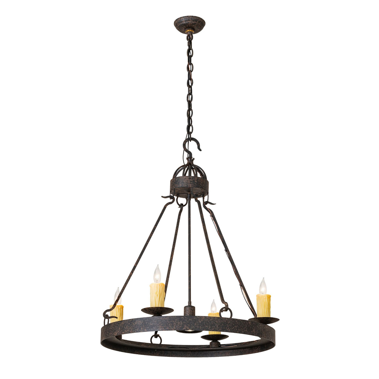 Full view of 4 light chandelier with downlight and adjustable hanging chain.