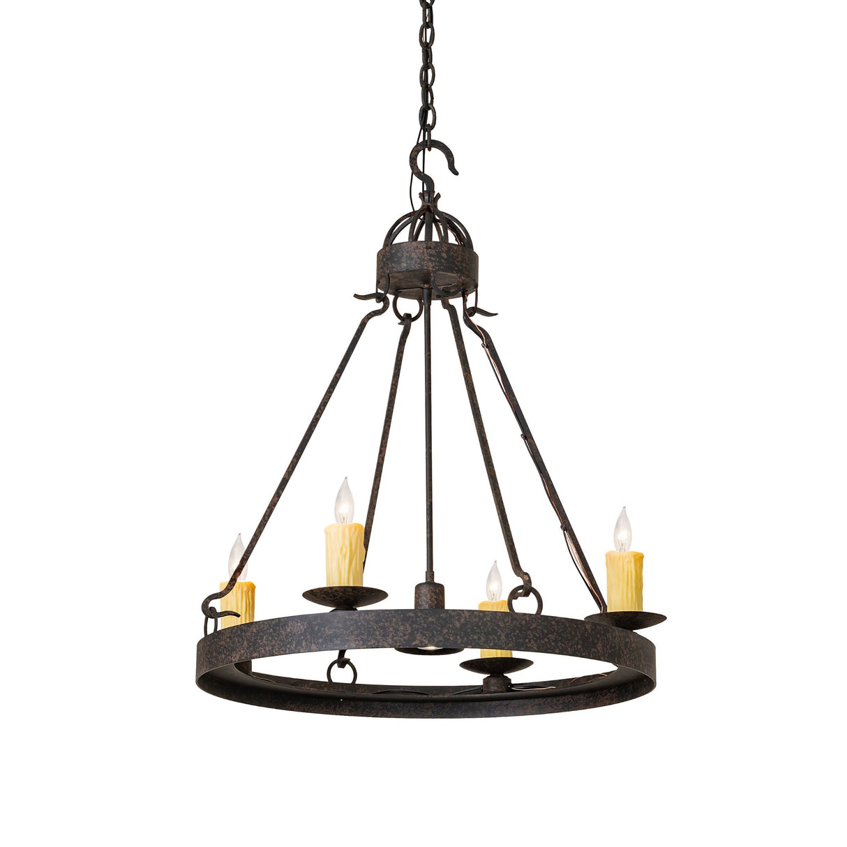 Lit view of chandelier with downlight illuminated, coffee bean finish, candle style lights.