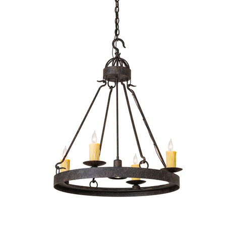 Lit view of chandelier with downlight illuminated, coffee bean finish, candle style lights.