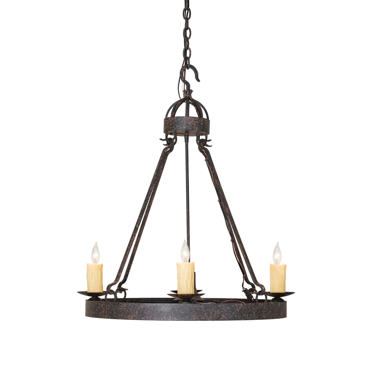 Side angle view of 4 light chandelier highlighting suspended ring design and metal supports.