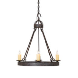 Side angle view of 4 light chandelier highlighting suspended ring design and metal supports.