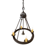 Top angle view of 4 light chandelier highlighting upper frame, chain, and hanging hardware.