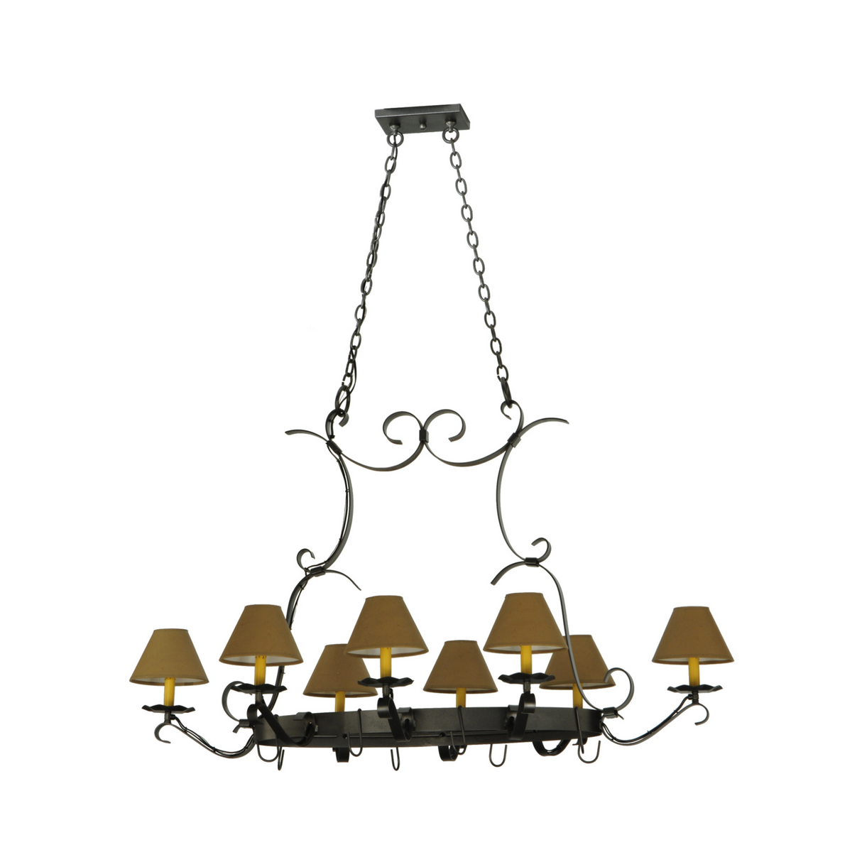 Angled view of Laramie chandelier with eight alabaster Textrene shades.