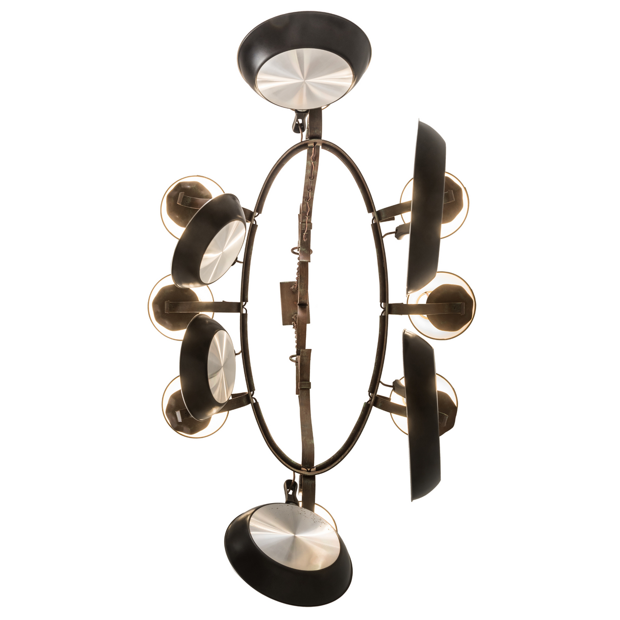 Bottom view of Laramie chandelier showing light bulbs and pan layout.