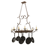 Rustic Laramie chandelier with cookware hooks, angled view.