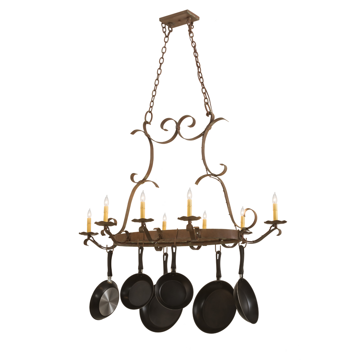 Laramie 8-light pot rack chandelier with Capri finish, front view.