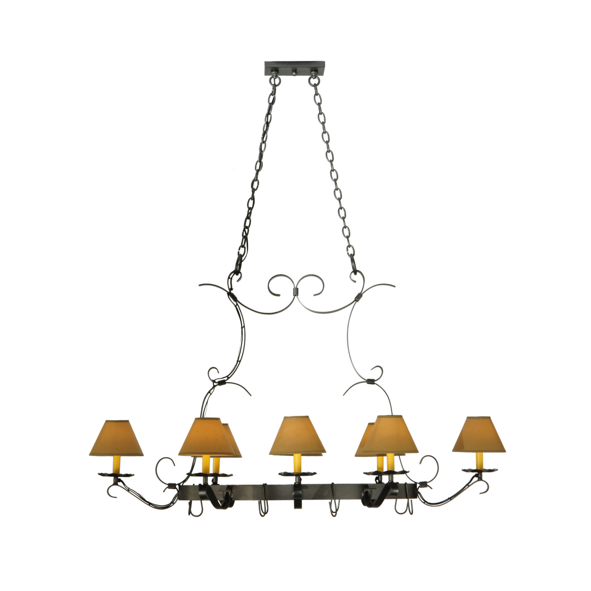 Linear rectangular view of Laramie chandelier highlighting eight candlelights.