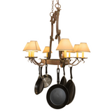 Side perspective of Laramie chandelier highlighting scroll arms and pans.