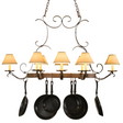 Laramie 8-light pot rack chandelier lit, front view with cookware.