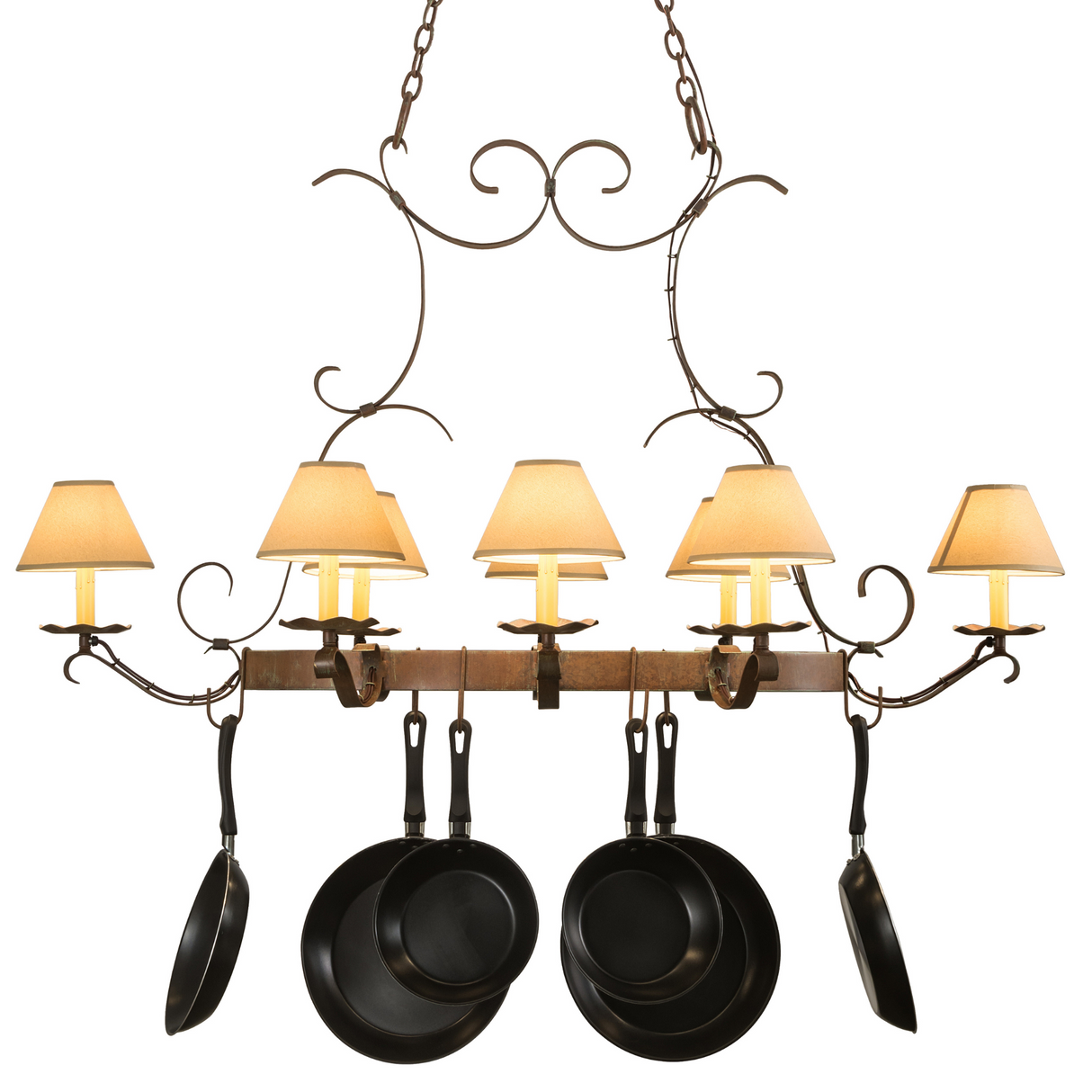 Laramie 8-light pot rack chandelier lit, front view with cookware.