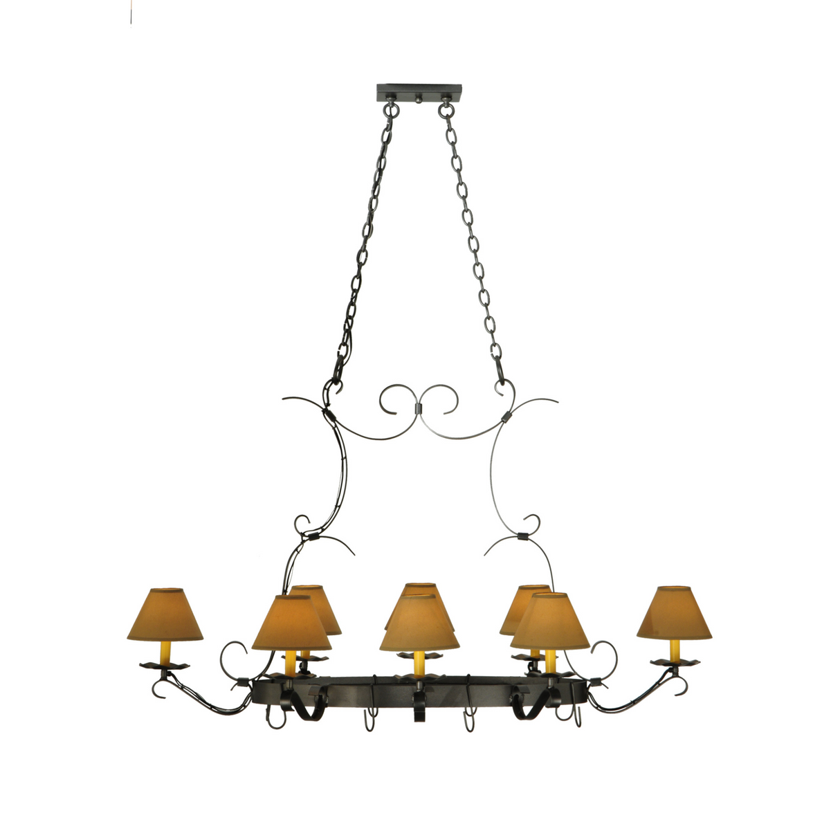 Elongated view showing full frame and hooks of Laramie pot rack chandelier.