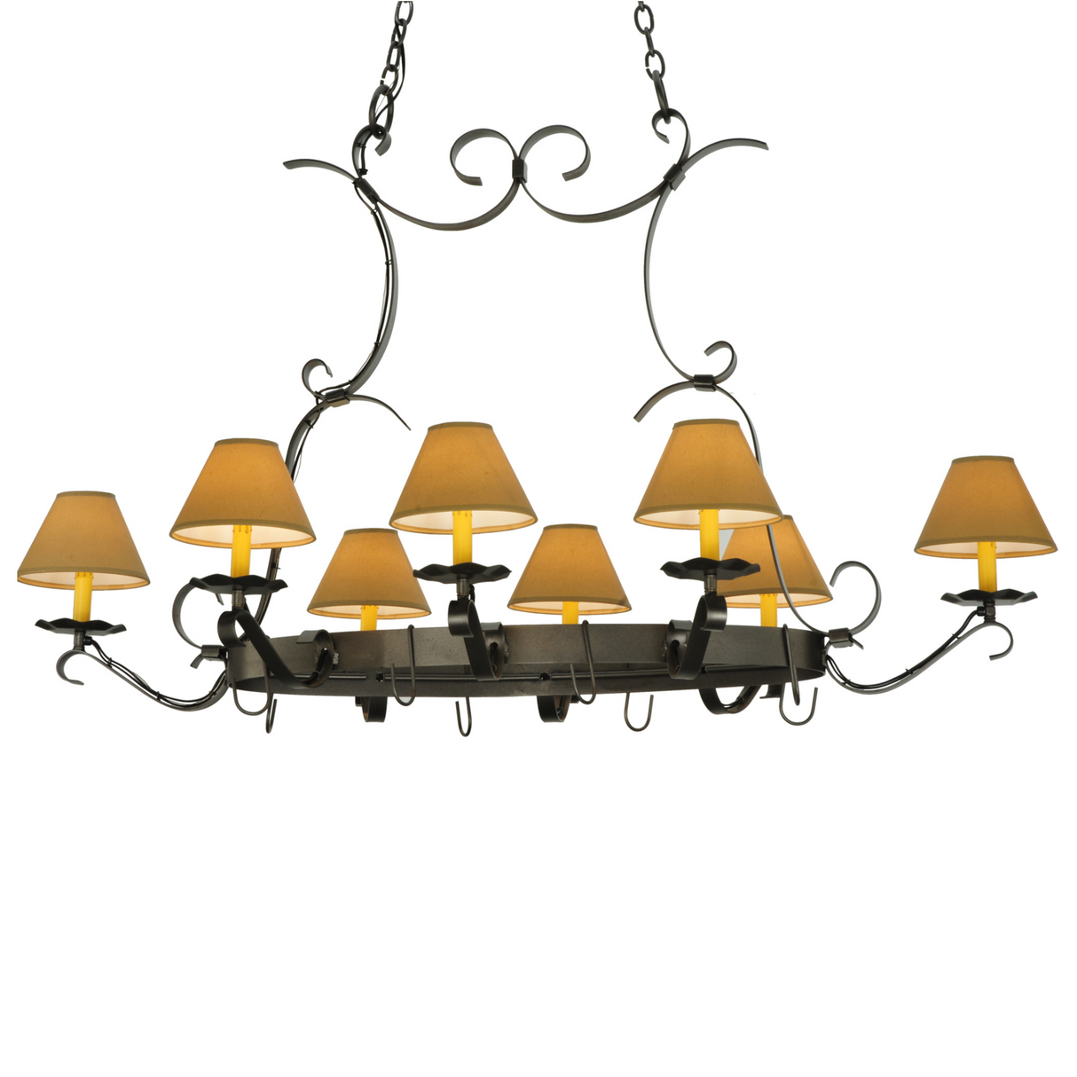 Side profile of Laramie 8-light pot rack chandelier in blackened pewter.