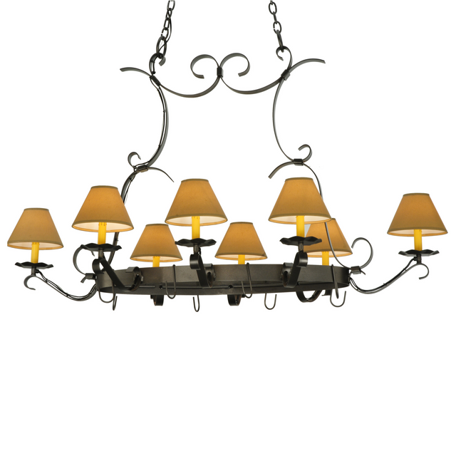 Side profile of Laramie 8-light pot rack chandelier in blackened pewter.