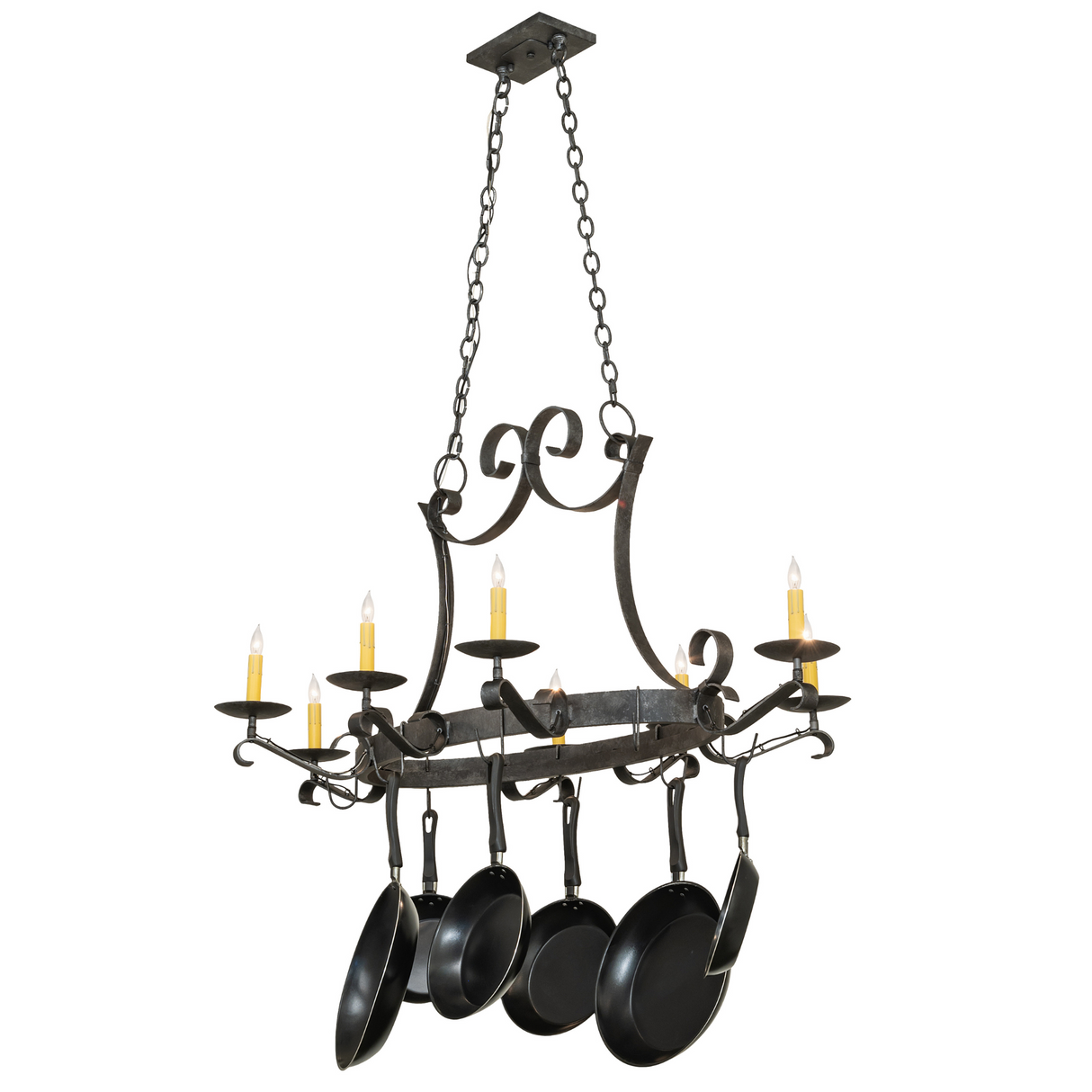 Front view of Laramie 8 light chandelier with hanging cookware.