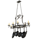 Front view of Laramie 8 light chandelier with hanging cookware.