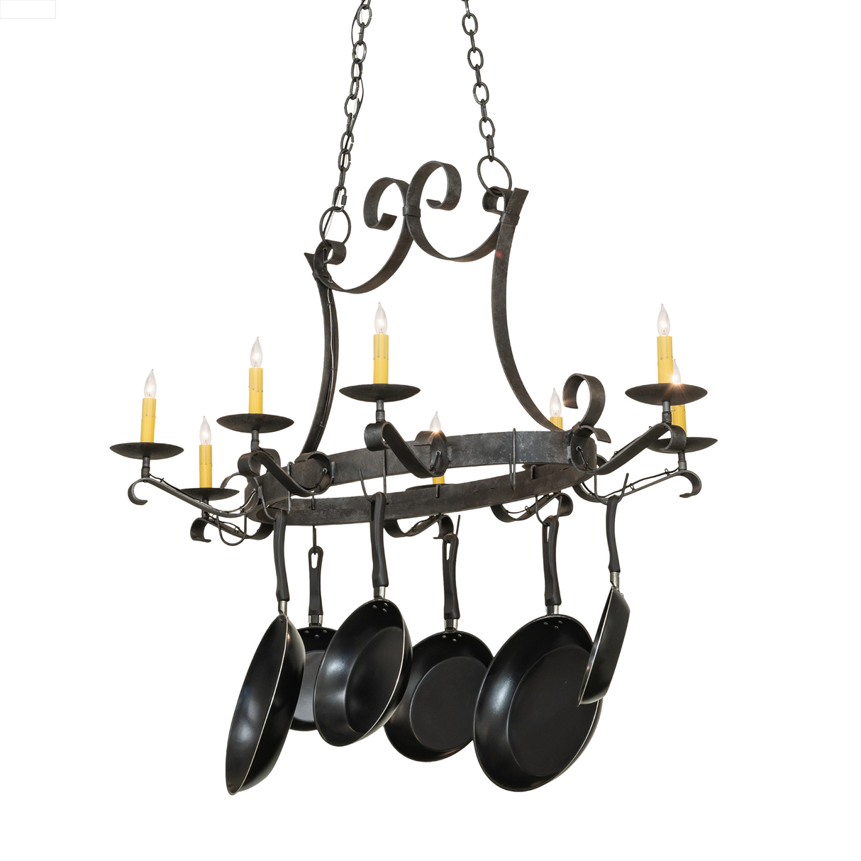 Laramie 8 light pot rack chandelier with curved arms and pans.