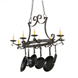 Laramie 8 light pot rack chandelier with curved arms and pans.
