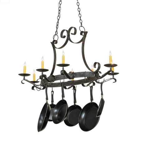 Laramie 8 light pot rack chandelier with curved arms and pans.