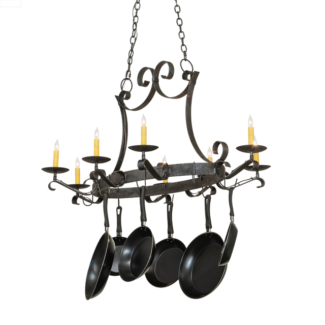 Laramie 8 light pot rack chandelier with curved arms and pans.
