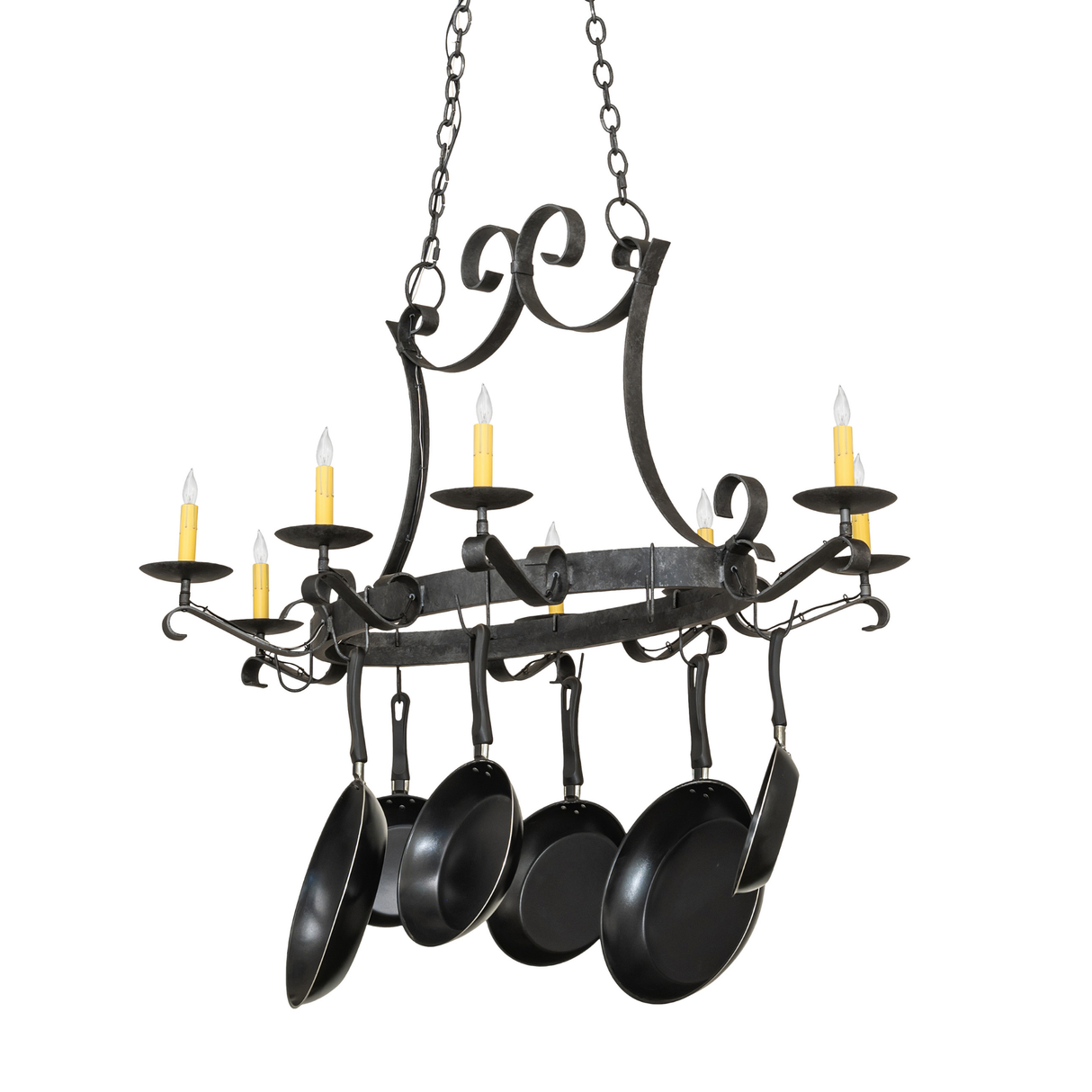 Rustic Laramie 8 light pot rack chandelier with cookware hooks.