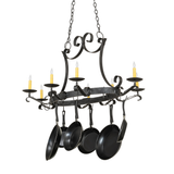 Rustic Laramie 8 light pot rack chandelier with cookware hooks.
