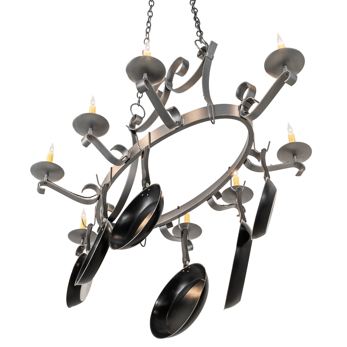 Underside angled view of Laramie chandelier pot rack lit.